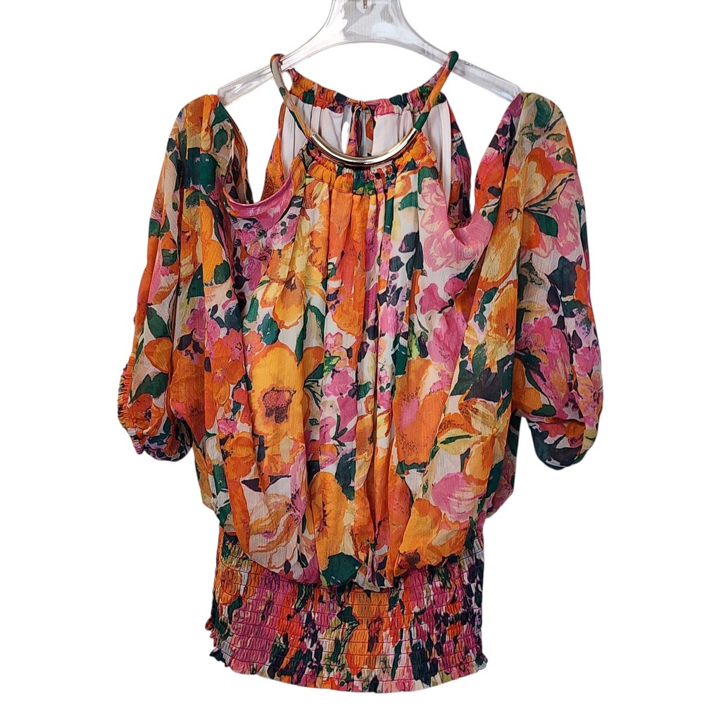 Sam and Jess Vibrant Floral Halter Cold Shoulder Smocked Waist Blouse NWT Size L